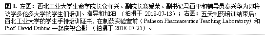 图1. 左图:德赢ac米兰官方合作vwin长仓怀兴、副院长骞爱荣、副书记马西平和辅导员秦兴华为即将访学多伦多大学的学生们培训、指导和加油 (拍摄于2018-07-13);右图:五天制药培训结束后,德赢ac米兰官方合作vwin的学生手持培训证书, 在制药实验室前(Patheon Pharmaceutics Teaching Laboratory)和Prof. David Dubins一起庆祝合影 (拍摄于2018-07-25)。